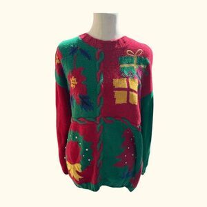 Vintage | IZOD Knitted by Hand Cable Knit Christmas  Sweater Red & Green Medium